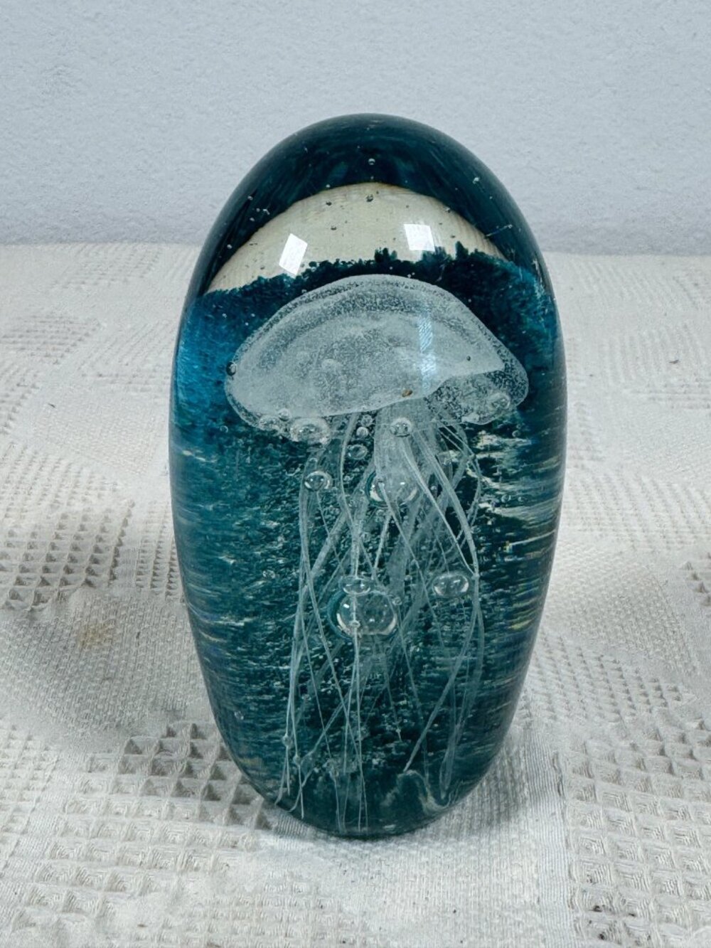 Hand Blown Glass Jellyfish Paperweight Decor Oceanic Blue Accents Coastal Decor